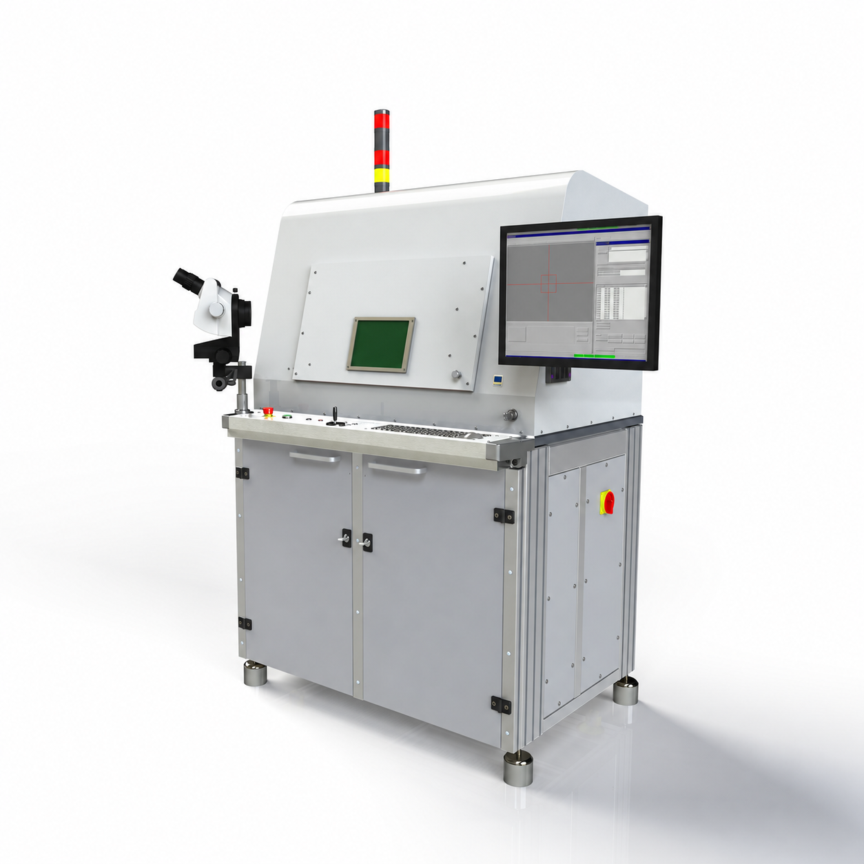 Compact solder ball jetting workcell with microscope and monitor, shown as an authorized third-party equipment reference
