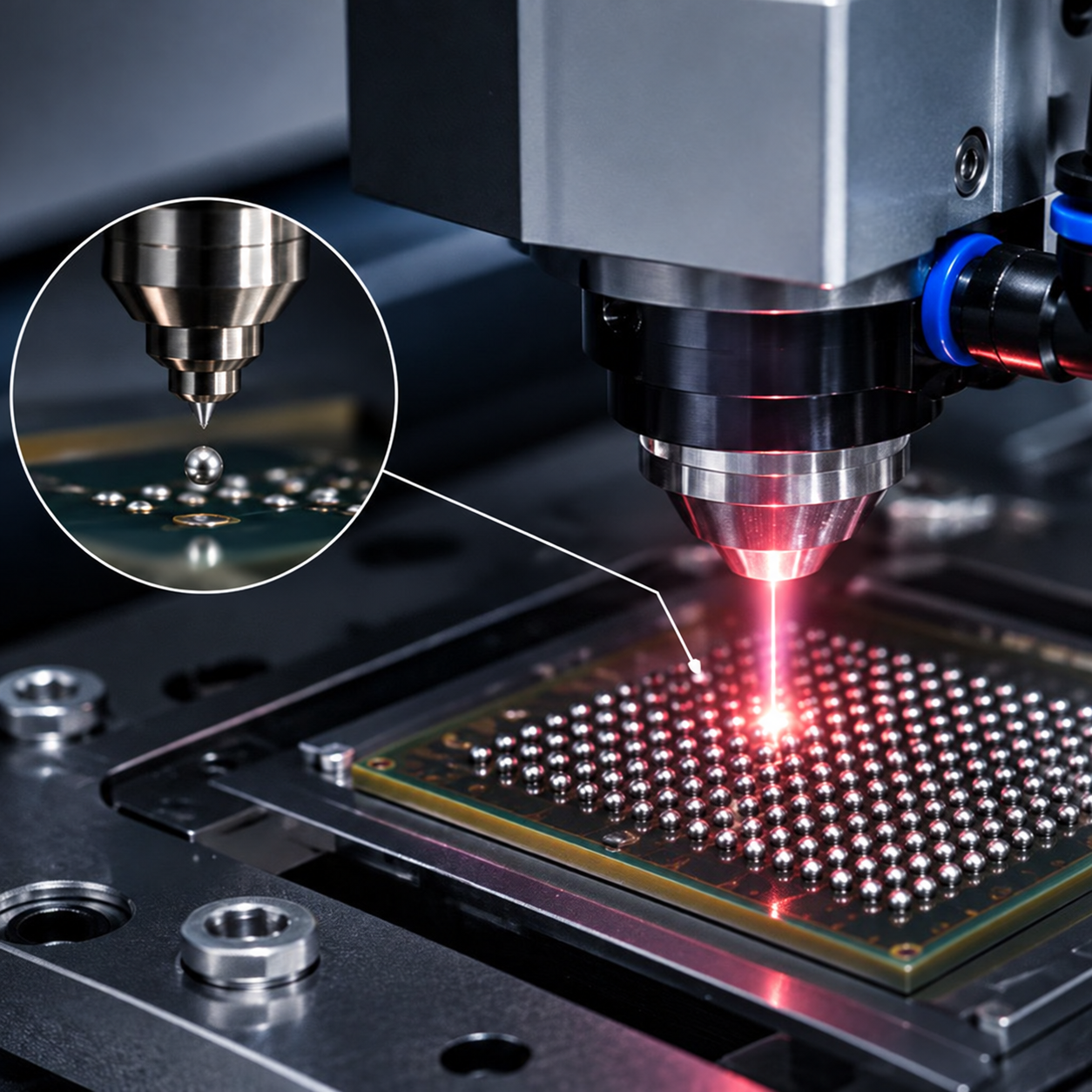 Close-up of a laser solder ball jetting head over an array of solder balls, shown as an authorized third-party process reference