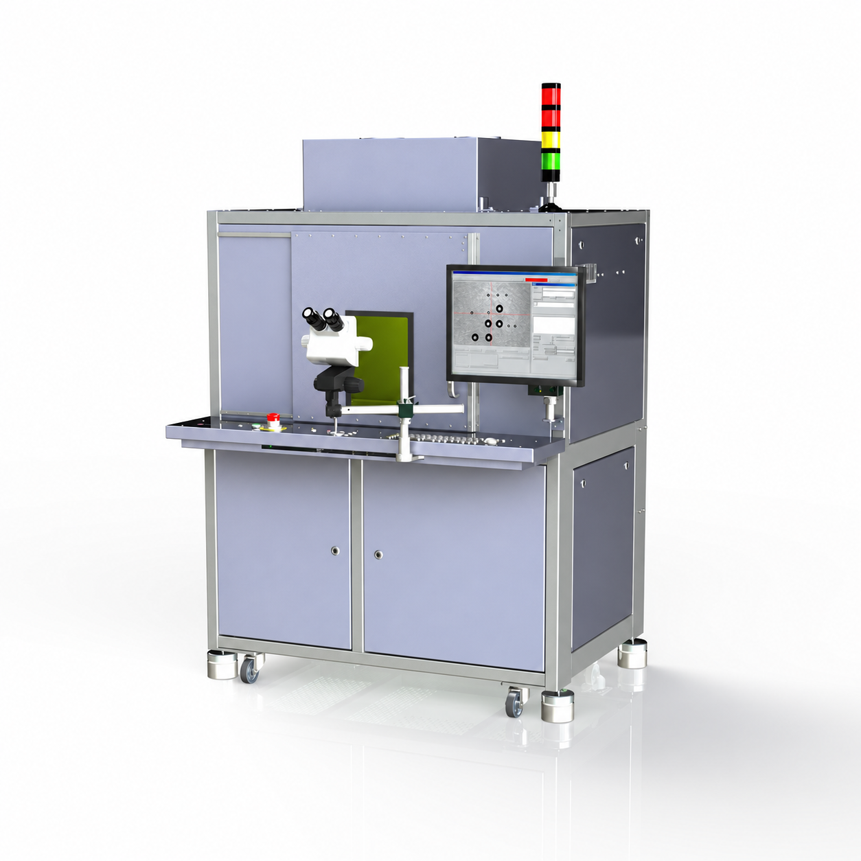 Cabinet-style solder ball jetting workcell with microscope, monitor and signal tower, shown as an authorized third-party equipment reference